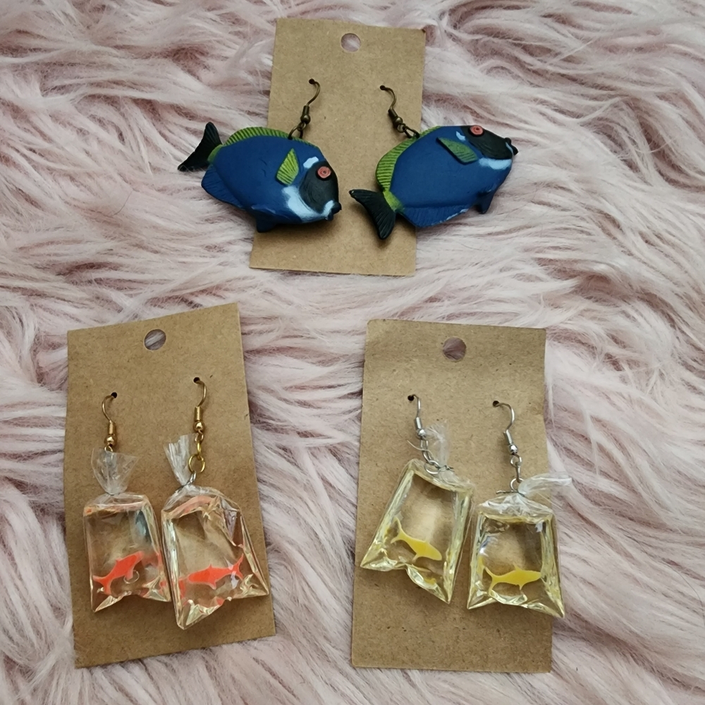 3 pairs of handmade fish in bag & fish toy drop earrings